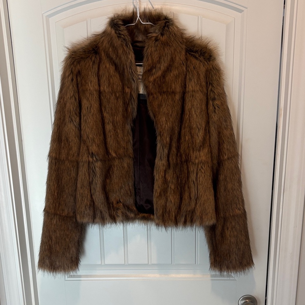 Women's Faux Fur Ambercrombie and Fitch Cropped Jacket - Brown
